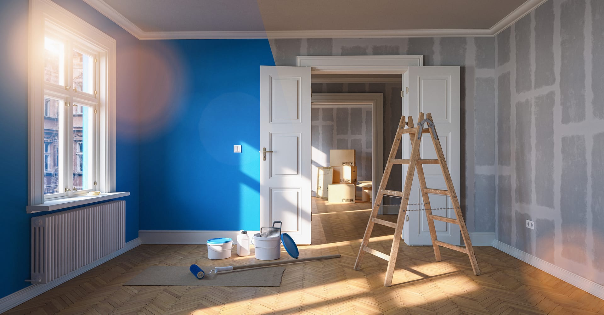 Painting wall blue in room before and after restoration or refur